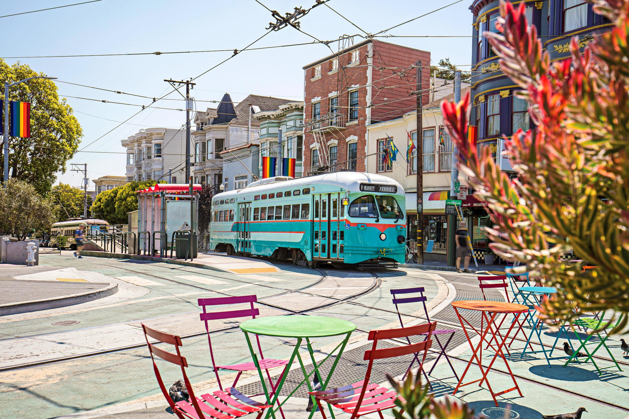 Castro Streetcar with Rainbow Flags in the streets of San Francisco